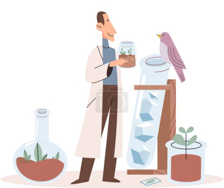 Illustration for Scientists conducts research to study nature, makes laboratory analysis. Idea of education, botany, microbiology. Biologists study structure of plants, conduct experiments. Biological research - Royalty Free Image