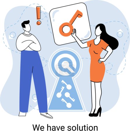 Illustration for Reaching solution as result of work of business team. Startup employees. Goal thinking. Cooperation construction by agency group to create team. Creative successful management, decision and teamwork - Royalty Free Image