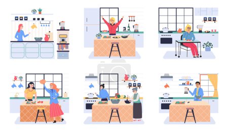 Illustration for People cooking vegetarian food. Vector illustration. Chef cooks preparing food cook hands on the kitchen table. Set with people who cook and utensils. Food and cooking banner. Cooking vegatable - Royalty Free Image