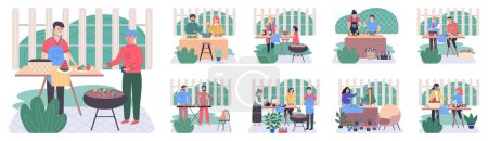 Illustration for People cooking vegetarian food. Vector illustration. Cook healthy food at home. Healthy organic vegan food. Cute girl cooking homemade meals in kitchen. Cooking dietary dishes. Woman cutting salad - Royalty Free Image