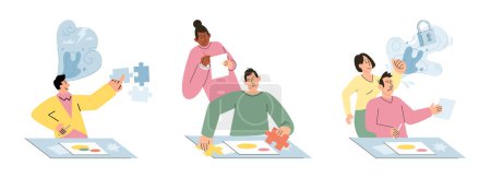 Illustration for Private psychology, psychotherapy help concept. Psychologist assistant service, support therapy set. Mental therapy sessions with psychotherapists. Teenage, couple, individual and group psychology - Royalty Free Image