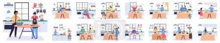 Illustration for People cooking vegetarian food. Vector illustration. Girl prepare dinner cutting vegetables for salad. People cook food at home. Smiling people cooking on home interior kitchen table - Royalty Free Image