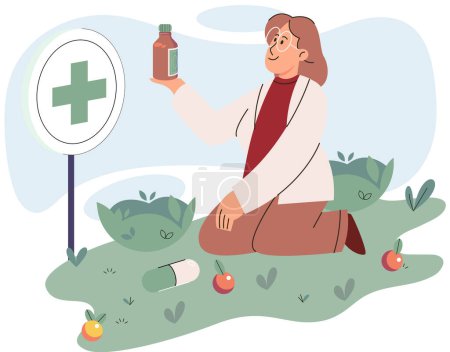Illustration for Herbal medicine and homeopathy healthcare and health treatment. Woman growing plants picking Ingredients in garden bed. Using healing power of nature plants and flowers. Organic cure and aromatherapy - Royalty Free Image