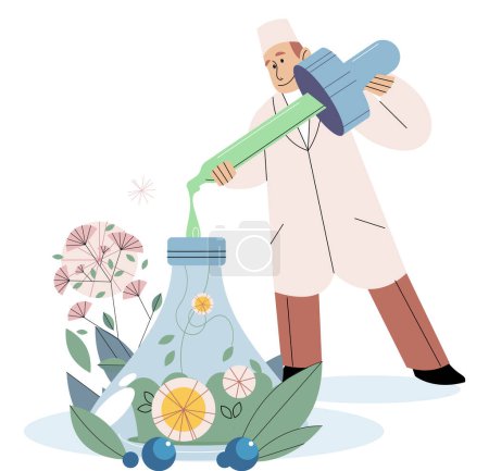 Illustration for Homeopathic herbal medicine, alternative treatment. Male scientists in uniform analyzing extract from plants and flowers. Researcher working in laboratory, healthcare pharmacy, medical concept - Royalty Free Image