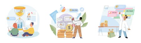 Illustration for People analysis budget. Calculate financial plan of save income and expense management. Family budget, divides the items of expenditure. Finance control, date, finance, personal budget, family money - Royalty Free Image