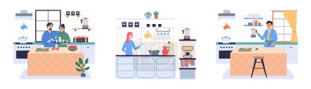 Illustration for People cooking vegetarian food. Vector illustration. Man and woman with children preparing food for dinner. People cooking. Husband and wife are preparing together. Man and woman in the kitchen - Royalty Free Image