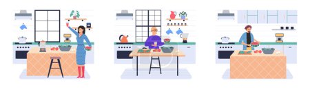 Illustration for People cooking vegetarian food. Vector illustration. People cooking at home, happy couple kitchen. Home cooking room with wooden dining table. Home kitchen cooking, Man and woman preparation breakfast - Royalty Free Image