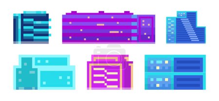 Illustration for Neon pixel buildings set. Pixelated city landscape neon futuristic skyscrapers for game. 2d pixel video game development, mobile app. Modern constructions, city architecture exterior elements - Royalty Free Image