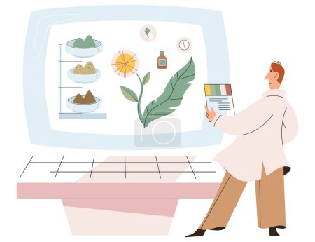 Illustration for Herbal medicine and alternative homeopathy concept with male scientist at monitor with plants. Organic treatment elements with natural products, herb pharmacy, food supplement and essential oils - Royalty Free Image