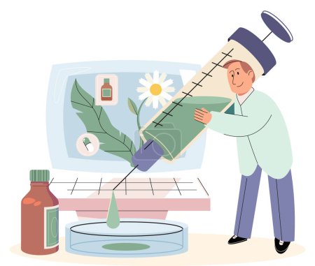 Illustration for Homeopathic herbal medicine, alternative treatment. Male scientists in uniform analyzing extract from plants and flowers. Researcher working in laboratory, healthcare pharmacy, medical concept - Royalty Free Image