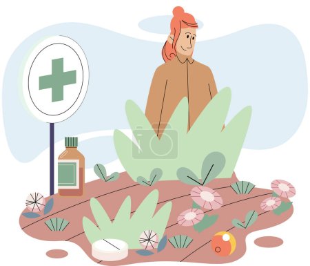 Illustration for Herbal medicine and homeopathy healthcare and health treatment. Woman growing plants picking leaves in garden bed. Using healing power of nature plants and flowers. Organic cure and aromatherapy - Royalty Free Image