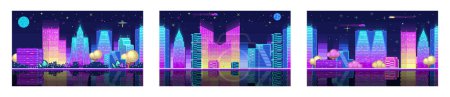 Illustration for Pixel art of 80s Retro sci-fi background. Pixel city. Pixel art background. 8bit pixelated evening cityscape neon for video game design pixel nighttime with modern skyscrapers Game backgrounds set - Royalty Free Image