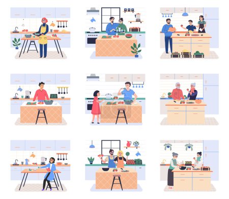 Illustration for Smiling people cooking on kitchen table. Set of various cartoon man, woman, family preparing food. Fresh vegetables. Cook healthy food at home. People cookink vegetarian food. Vector illustration - Royalty Free Image