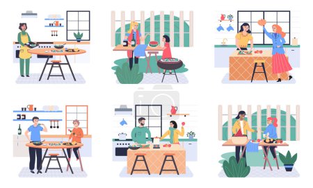 People cooking vegetarian food. Vector illustration. Smiling people cooking on home interior kitchen table. Characters cooking fresh salad and other healthy meals from fresh vegetables