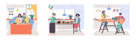 Illustration for People cooking vegetarian food. Vector illustration. Man and woman with children preparing food for dinner. People cooking. Husband and wife are preparing together. Man and woman in the kitchen - Royalty Free Image