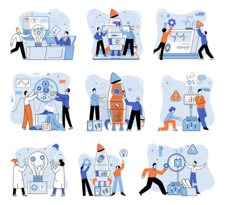 Illustration for Team solving problems Creative idea problem solution cooperation.Thinking and imagination, problem solving, brainstorming, idea and human fantasy, motivation and inspiration, find right solution - Royalty Free Image