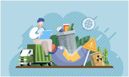Illustration for Respect for environment, sorting and recycling of plastic garbage, concept of clean green city and nature, stop waste pollution. Air, water and soil contamination by industrial production, consumerism - Royalty Free Image