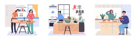 Illustration for People cooking vegetarian food. Vector illustration. Fresh and healthy food. Vegetarian nutrition. Man woman dining, eat food and bake. Happy culinary. Lady at stove alone. Salad in vegetable bowl - Royalty Free Image