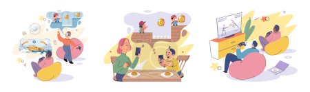 Illustration for Game together. Family fun. Friendship time. Vector illustration. Board games serve as catalyst for building strong and lasting friendships Engaging in friendly competition brings out best in people - Royalty Free Image