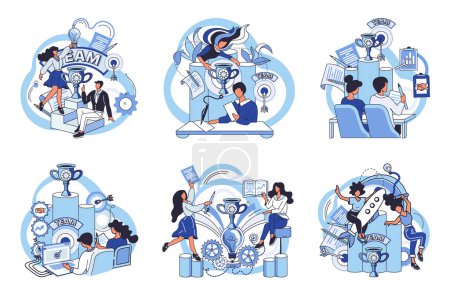 Illustration for Team solving problems. Gears and technical wheels as thoughts Cooperation for common goal and target Talking about a new idea Data scientists, software engineer, statistician, programmers, visualizer - Royalty Free Image