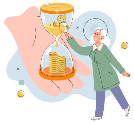 Illustration for Time is money concept with woman holding coins standing at hourglass. Quick loan. Timer and finance. Business process organization time management easy fast currency control transaction with capital - Royalty Free Image