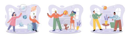 Illustration for Game together. Family fun. Friendship time. Vector illustration. Family game nights allow everyone to unwind and enjoy each others company Board games ignite sense of enthusiasm and curiosity in - Royalty Free Image