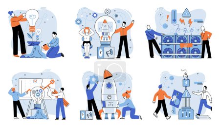 Illustration for Team solving complex problems. Teamwork vector illustration metaphor. Finding new ideas problem solving Coworkers assembling ideas, team work, people solving problem, business development Time - Royalty Free Image