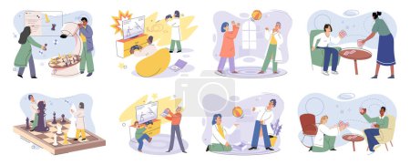 Illustration for Game together. Family fun. Friendship time. Vector illustration. Happy fun activities like playing games strengthen bond among friends and family Engaging in board game brings people closer and - Royalty Free Image