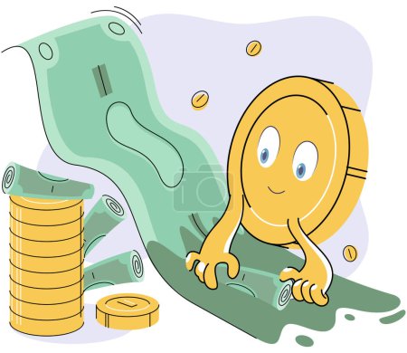 Illustration for Pile of golden coins, cash money banknotes, american dollars, cents. Currency, depository, bank, wealth, accumulation money. Bank bag. Successful business profitable investment winning lottery - Royalty Free Image