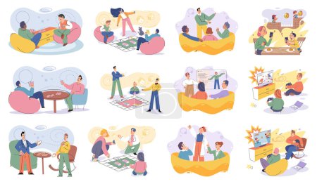 Illustration for Game together. Family fun. Friendship time. Vector illustration. Family time becomes more meaningful when we engage in interactive activities like playing games Board games offer endless possibilities - Royalty Free Image