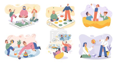 Illustration for Game together. Family fun. Friendship time. Vector illustration. Board games offer endless possibilities for people of all ages to come together and enjoy The laughter and excitement during game night - Royalty Free Image