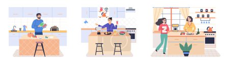 Illustration for People cook food at home together set. Men and women at kitchen table cooking breakfast, lunch, dinner dishes, preparing salad and vegetarian dish. Characters preparing healthy homemade food - Royalty Free Image