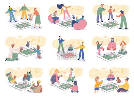 Illustration for Game together. Family fun. Friendship time. Vector illustration. Board games ignite sense of enthusiasm and curiosity in people The laughter and cheerfulness during friends game night simply - Royalty Free Image