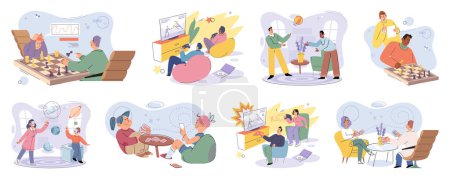 Illustration for Game together. Family fun. Friendship time. Vector illustration. People playing games together discover new aspects of each others personalities Family game nights allow everyone to unwind and enjoy - Royalty Free Image