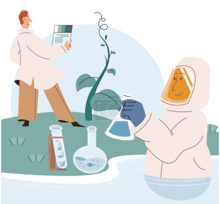 Illustration for Scientist conducts research to study nature and living organisms, water quality in pond or river. Researchers do analyzes of composition of water, check mineral compound and bacterial components - Royalty Free Image