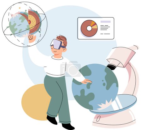 Illustration for Scientist conducts research to study planet Earth, makes experiments to determine level of climate change, state and degree of pollution of air, using lab microscope to identify environmental problems - Royalty Free Image