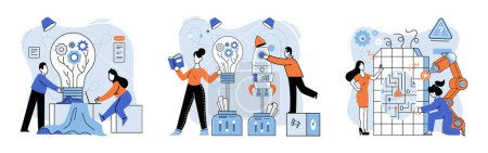 Illustration for Team solving complex problems. Teamwork vector illustration metaphor. Business invest energy sources Brain activity abstract concept Combining parts to achieve a result Coworkers characters Coworkers - Royalty Free Image