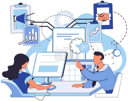 Illustration for Team solving complex problems. Teamwork vector illustration metaphor. People team working Employee asking questions concept Cross functional team collaboration for common goal Business solution, - Royalty Free Image