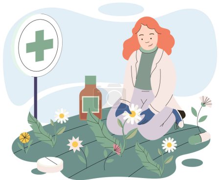 Illustration for Herbal medicine concept. Young girl with plants, woman growing for herself analogues of medicines. Floristry and botany. Green organic natural ingredients. Scientist sits on garden bed with plants - Royalty Free Image