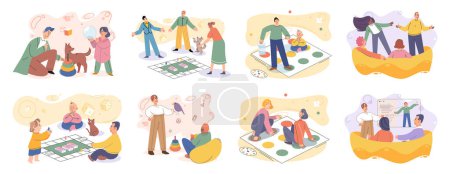 Illustration for Game together. Family fun. Friendship time. Vector illustration. Engaging in board game with others perfect way to connect and have fun People playing games together foster sense of camaraderie and - Royalty Free Image