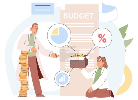 Illustration for People analysis budget. Calculate financial plan of save income and expense management. Finance productivity graph, return investment chart, budget planning, expenses, accounting report, income growth - Royalty Free Image