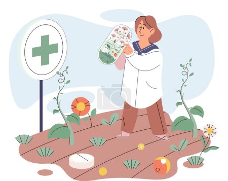 Illustration for Herbal medicine and homeopathy healthcare and health treatment. Scientist growing medicinal plants picking leaves in garden bed. Using healing power of flowers and herbs. Organic cure and aromatherapy - Royalty Free Image