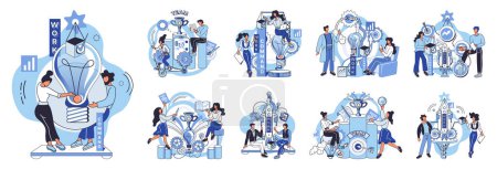 Illustration for Team solving problems Team work and team building, corporate and partnership Thoughtful people Problem solving, creative solution, innovative business approach Successful business development, plan - Royalty Free Image
