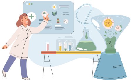 Illustration for Natural medicine concept with scientist makes pill from herbal ingredients. Specialist pharmacist preparing herbal remedy to patient. Doctor develops ayurvedic homeopathic drugs of plants and extracts - Royalty Free Image