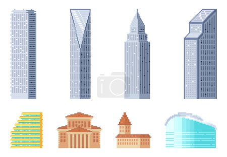 Illustration for Pixel art isolated buildings vector set. Pixelated houses for games icons, high-rise office constructions. City downtown landscape elements with high skyscrapers, sports hall and government building - Royalty Free Image