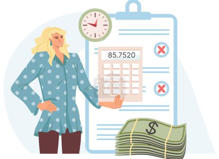 Illustration for Budget planning, finance accounting. Calculation financial income and expenses. Taxpayer counting money, taxation. Fiscal police agent analyzing personal or corporate budget, person check tax burden - Royalty Free Image