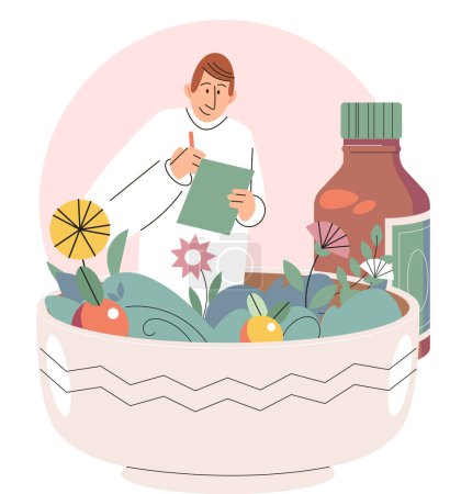Illustration for Prepare herbal decoction or tincture. Man cook natural potion in big bowl with various flowers, green leaves and herbal ingredients. Organic cosmetics. Herbal medicine and homeopathy healthcare - Royalty Free Image
