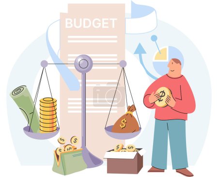 Illustration for Budget planning, finance accounting. Calculation financial income and expenses. Taxpayer counting money, taxation. Fiscal police agent analyzing personal or corporate budget, person check tax burden - Royalty Free Image