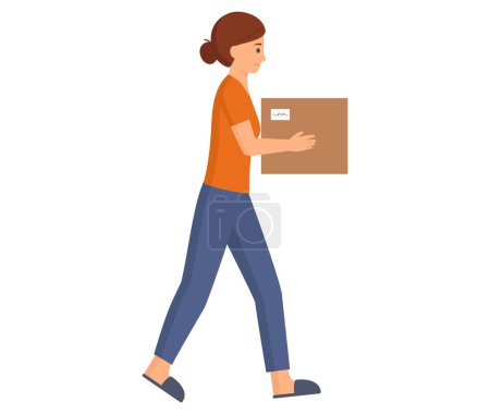 Illustration for Woman moving to new apartment isolated on white background. Lady carrying carton box with goods. Female homeowner with cardboard package with stuff . Relocation and move to new house concept - Royalty Free Image