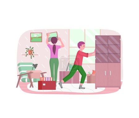 Illustration for Family moving to new house, apartment. Changing place of residence, relocation, rental of premises concept. Young couple unpacking things after shipping, decorating home vector illustration - Royalty Free Image